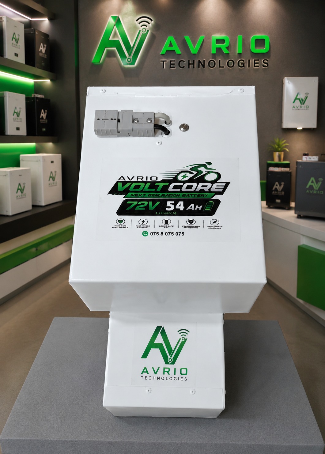 Avrio Volt Core 72V 54Ah LiFePO4 e-bike battery pack in Avrio showroom